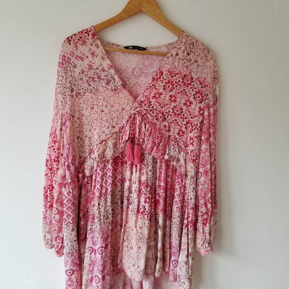 Zara Pink Floral V- Neck Tassel Boho Oversize Tunic Mini Dress Size Medium - Picture 11 of 13